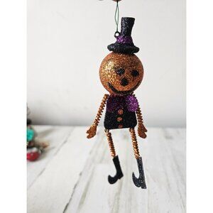 Glitter jointed pumpkin jack-o'-lantern Halloween ornament bow tie sparkle Xmas